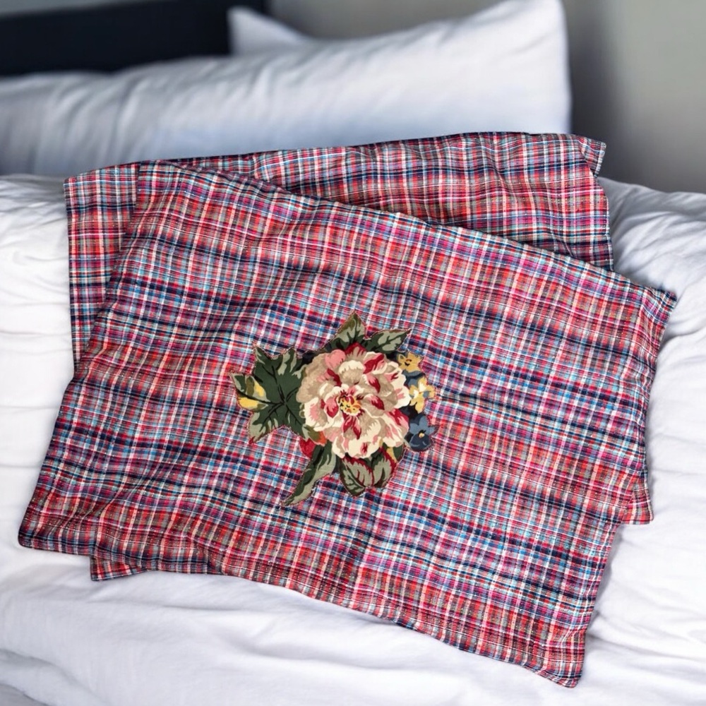Vintage Red and Blue Plaid Pillow Case Set of 2 with Floral Design